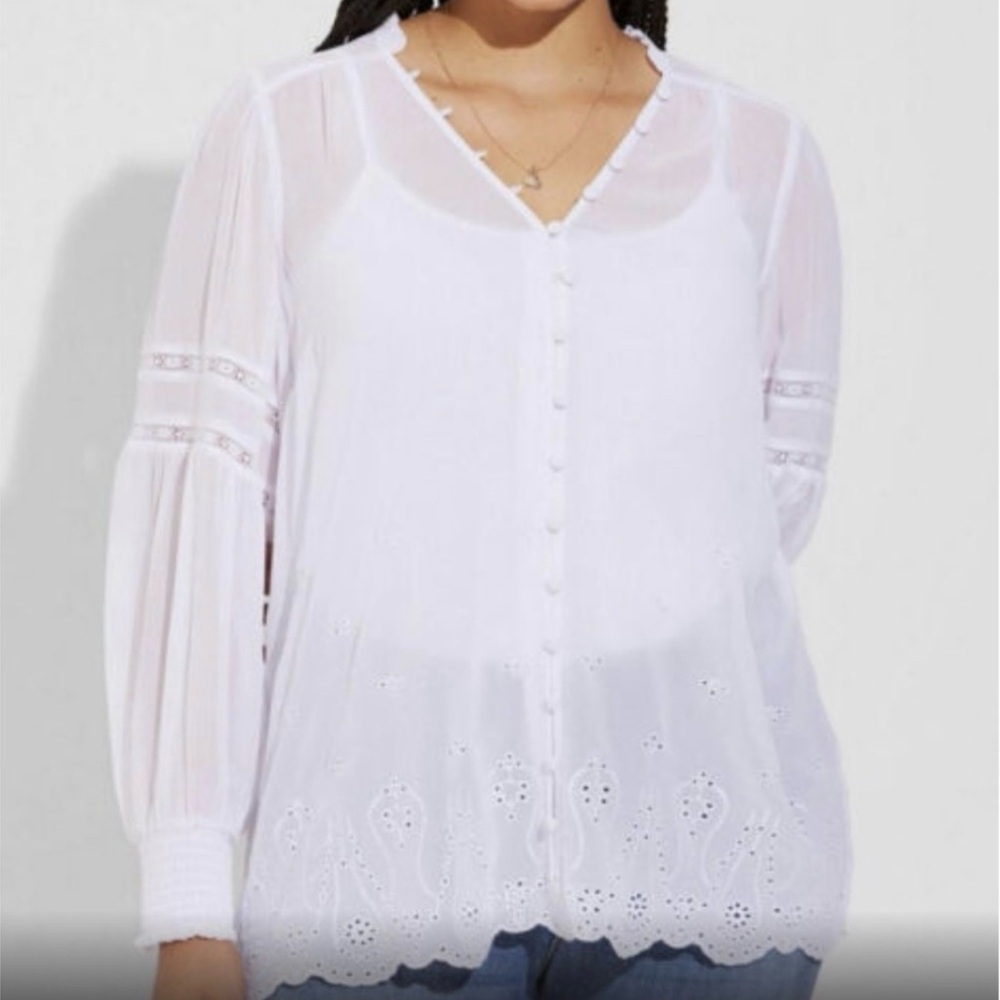 Torrid White Sheer Blouse with Lace Accents
